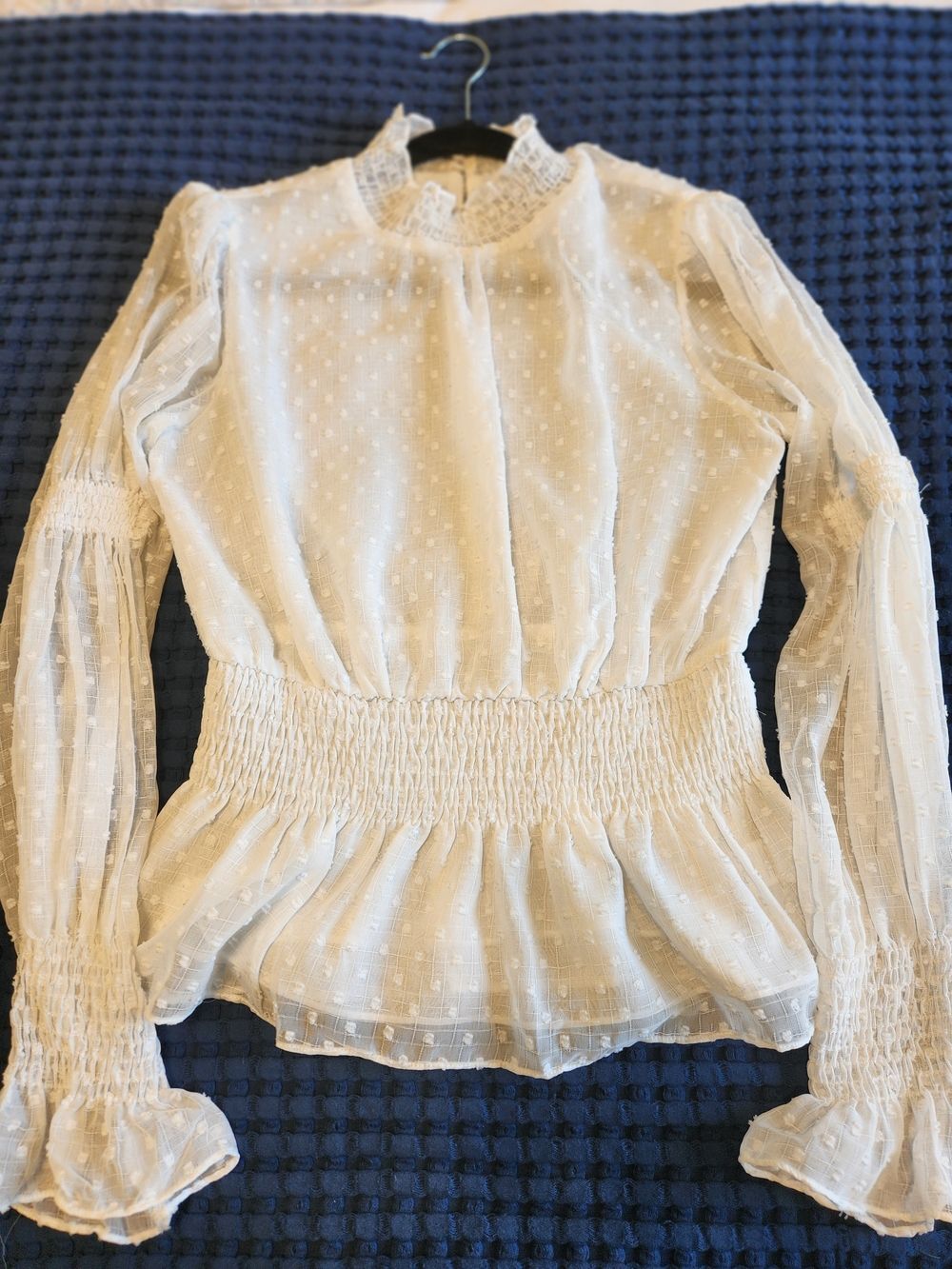DO+BE White Swiss Dot Smocked Peplum Top with Ruffle Neck